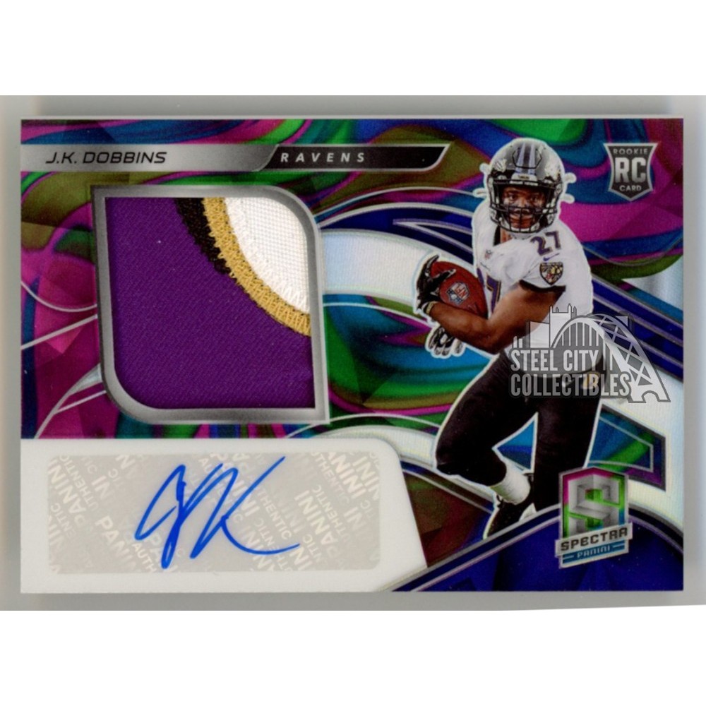 JK Dobbins 2020 Panini Spectra Neon Marble Autograph Rookie Patch Card