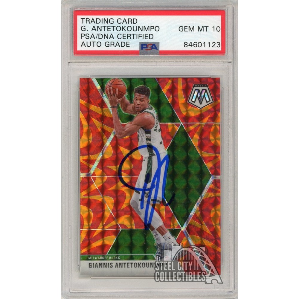 Giannis Antetokounmpo 2019 20 Panini Mosaic Red Orange Autographed Card