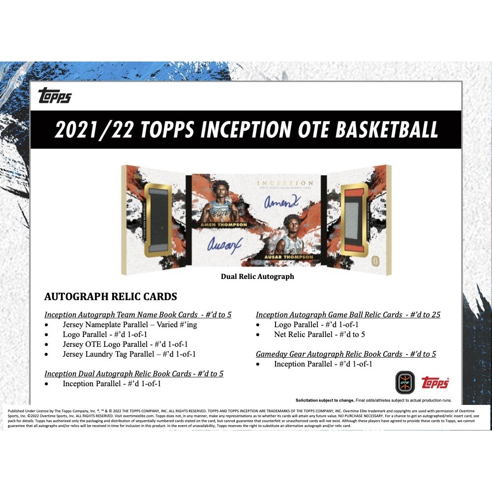 2021/22 Topps Inception Overtime Elite online Basketball Hobby Box