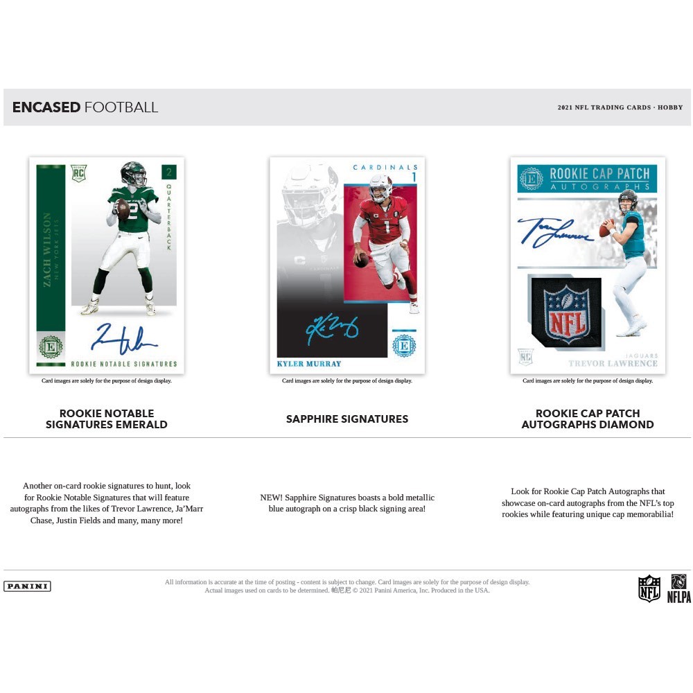 2021 Panini Encased Football Checklist, Hobby Box Info, Team Set Lists