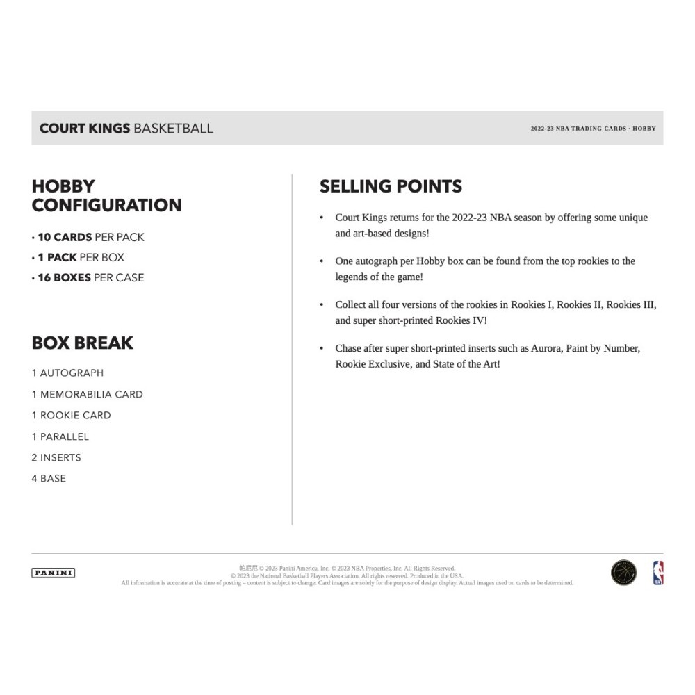 2022-23 Panini Court Kings Basketball Checklist, Set Details, Box