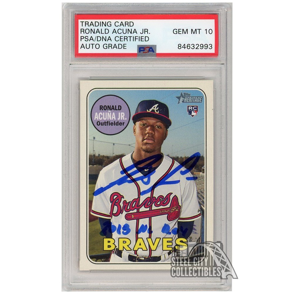 Ronald Acuna Jr. Atlanta Braves Autographed 2018 Topps Heritage #580  Beckett Fanatics Witnessed Authenticated 10 Rookie Card with 2018 NL ROY  Inscription