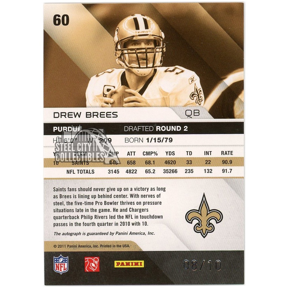 Drew Brees 2011 Panini Absolute Spectrum Gold Autograph Card #60 8/10 |  Steel City Collectibles