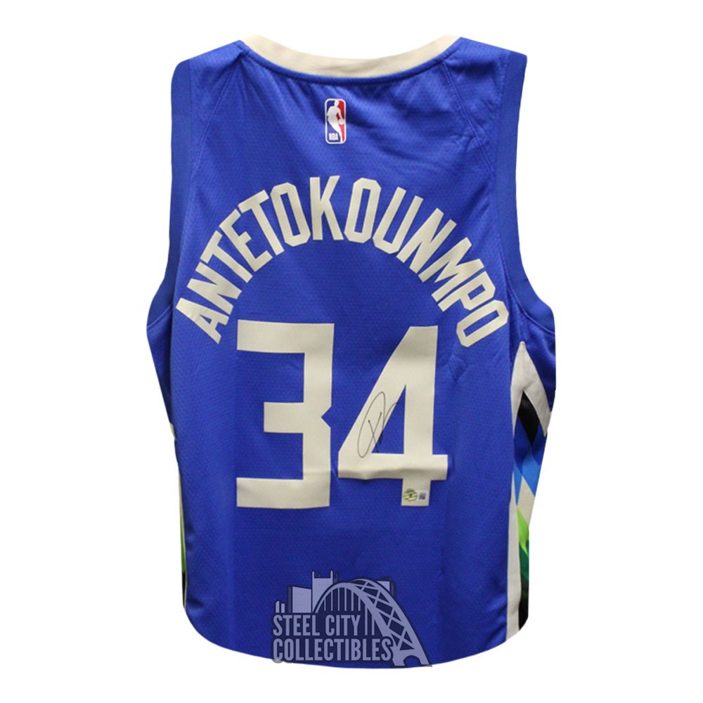 Giannis Antetokounmpo Autographed Milwaukee City Edition Swingman Blue Basketball Jersey - BAS
