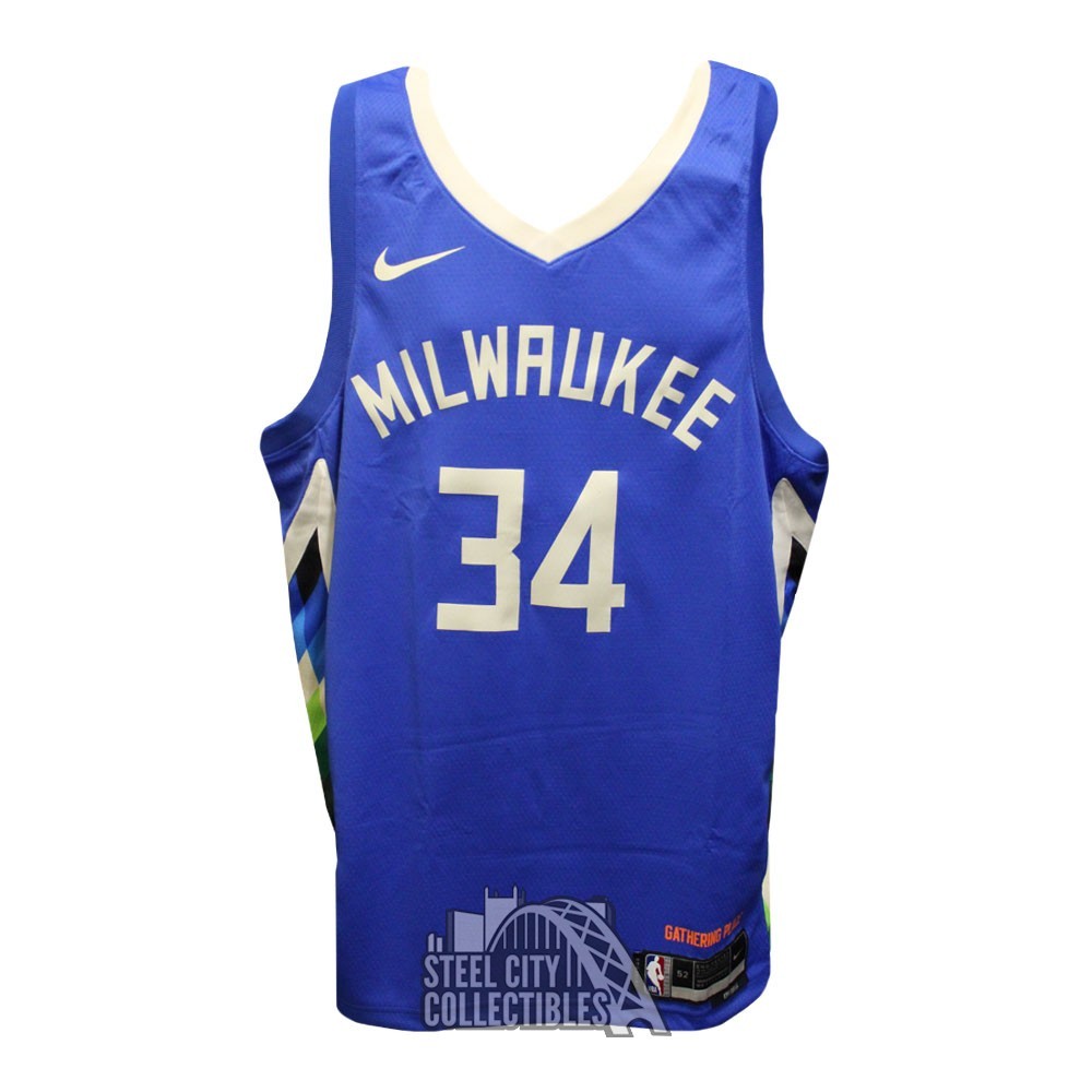 Giannis Antetokounmpo Autographed Milwaukee City Edition Swingman Blue Basketball Jersey - BAS