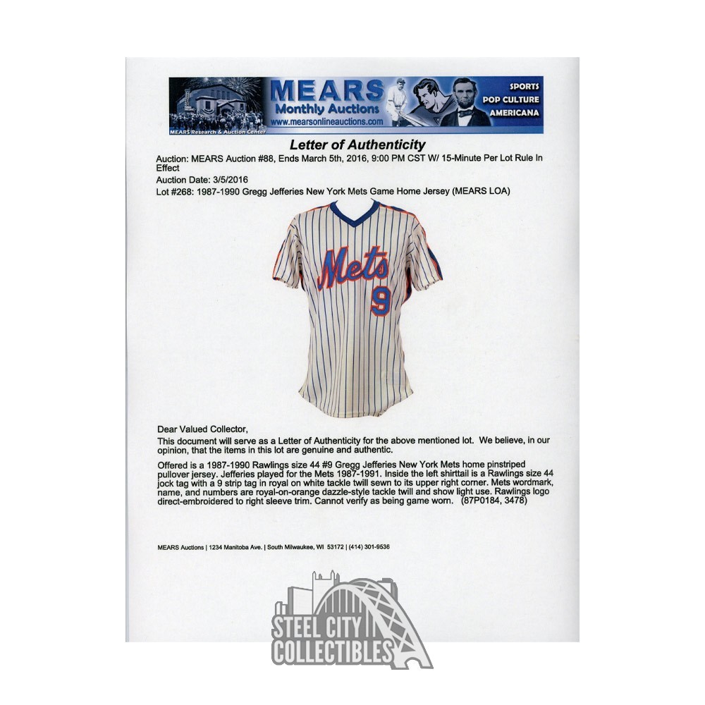 Gregg Jefferies Game used New York Mets Home Pinstripe Baseball Jersey - Mears