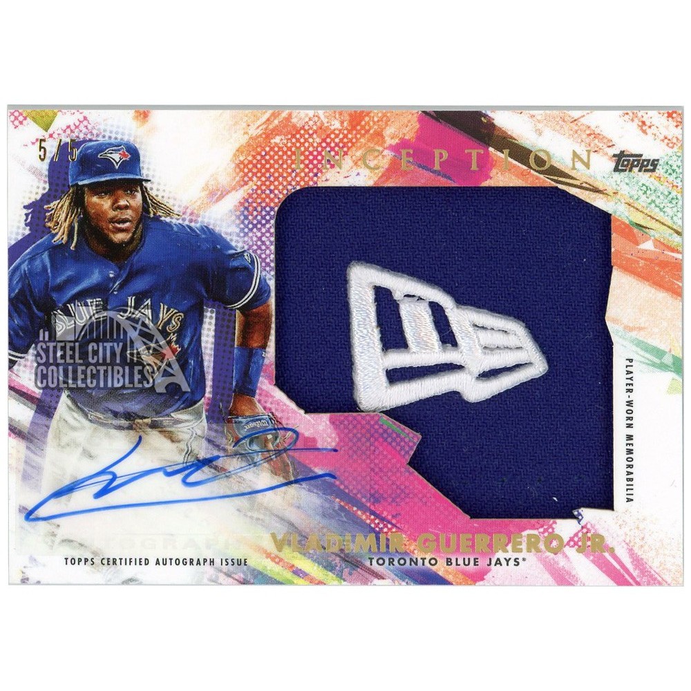 Vladimir Guerrero Jr 2020 Topps Inception Jumbo New Era Logo Hat Patch  Autograph Card #IAH-VGJ 5/5