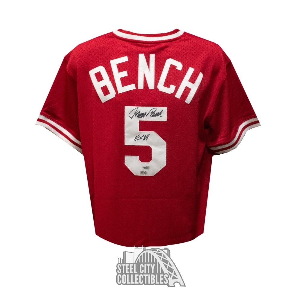 Johnny Bench Autographed Cincinnati Reds Mitchell & Ness Red Baseball Jersey  HOF Inscription - Fanatics