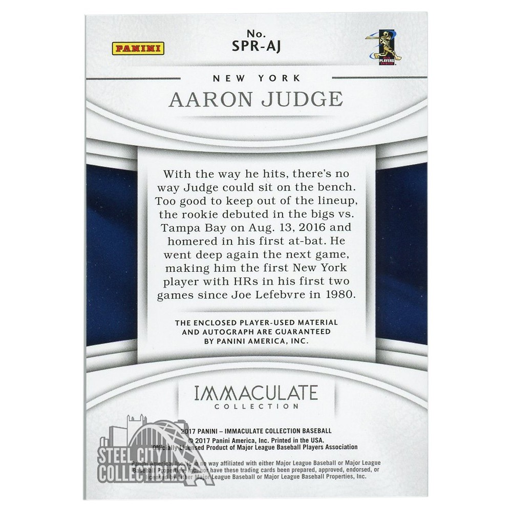 Aaron Judge 2017 Panini Immaculate Dual Patch Autograph Rookie Card 20/25