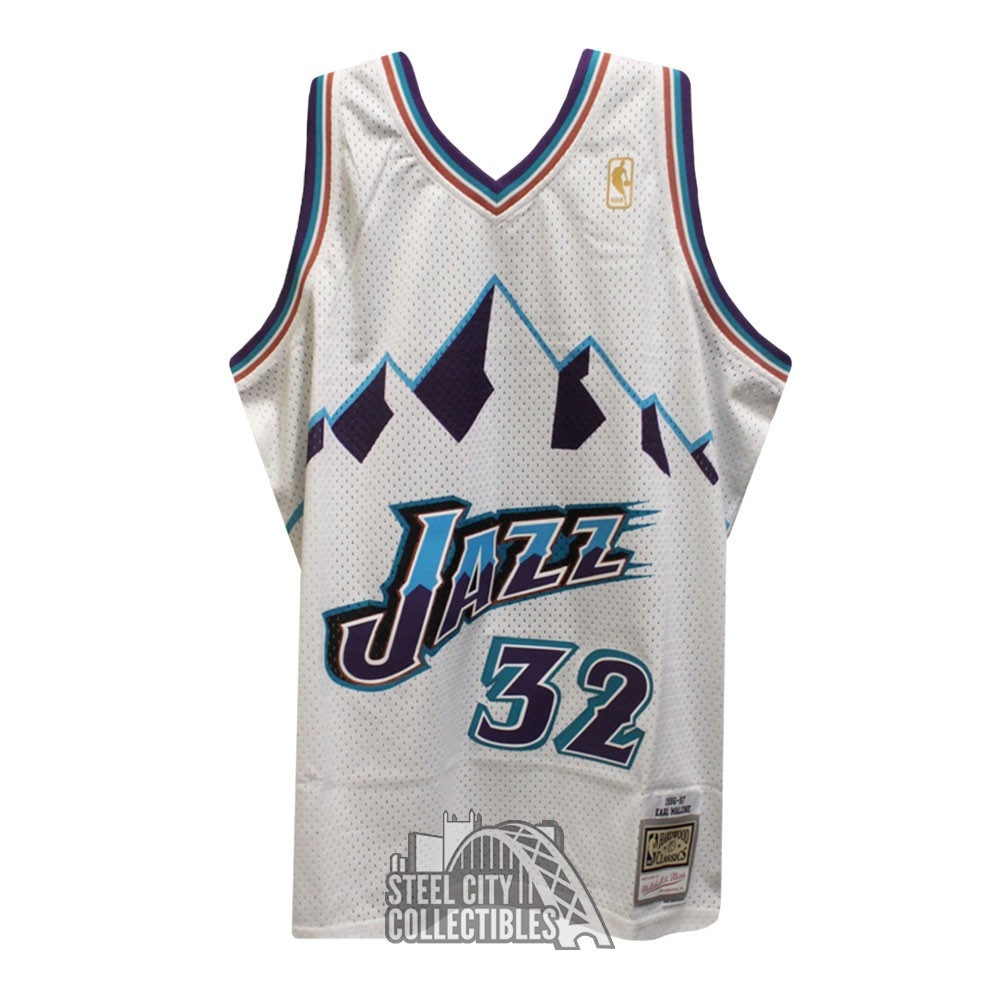 Utah Jazz Karl Malone Autographed White & Purple Authentic Mitchell & Ness  Jersey Size L Beckett BAS Stock #211876