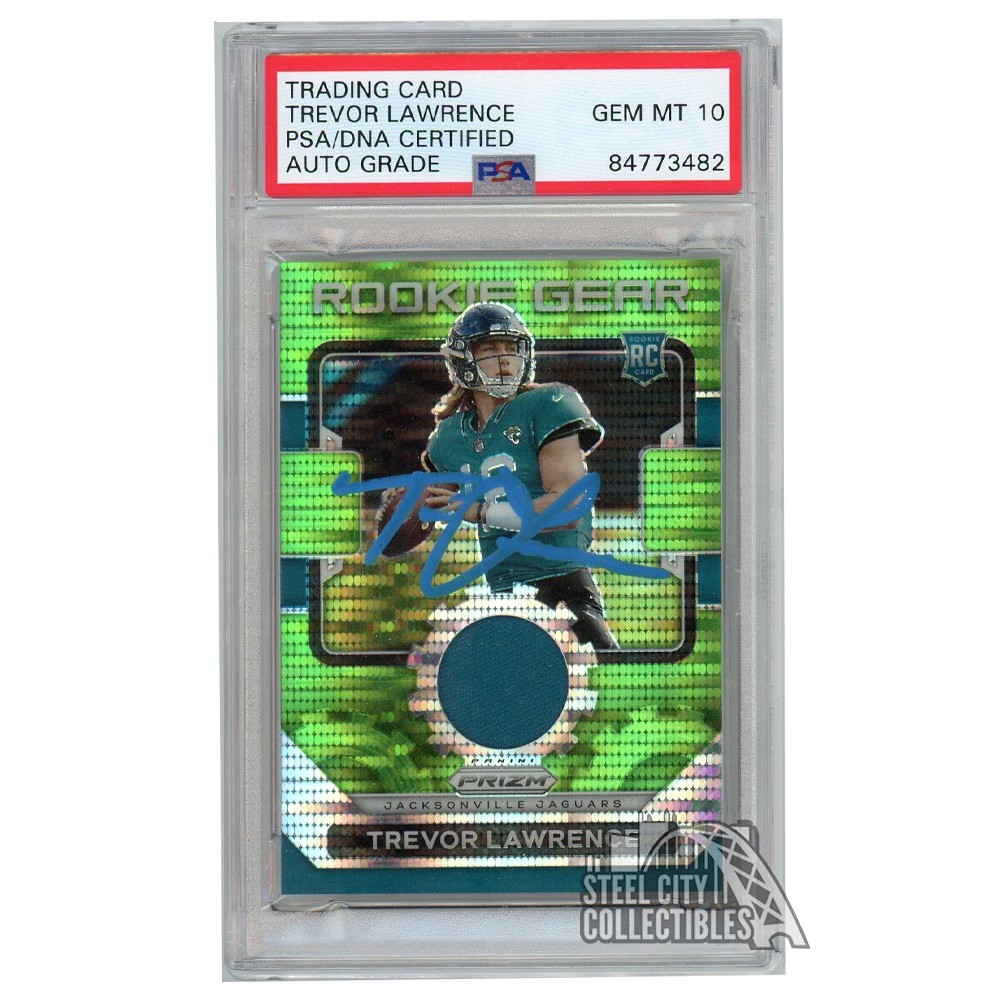 Trevor Lawrence 2021 Panini Prizm Rookie Gear Neon Green Pulsar Autograph  RC Card #RG-1 PSA/DNA 10 (Light Blue)