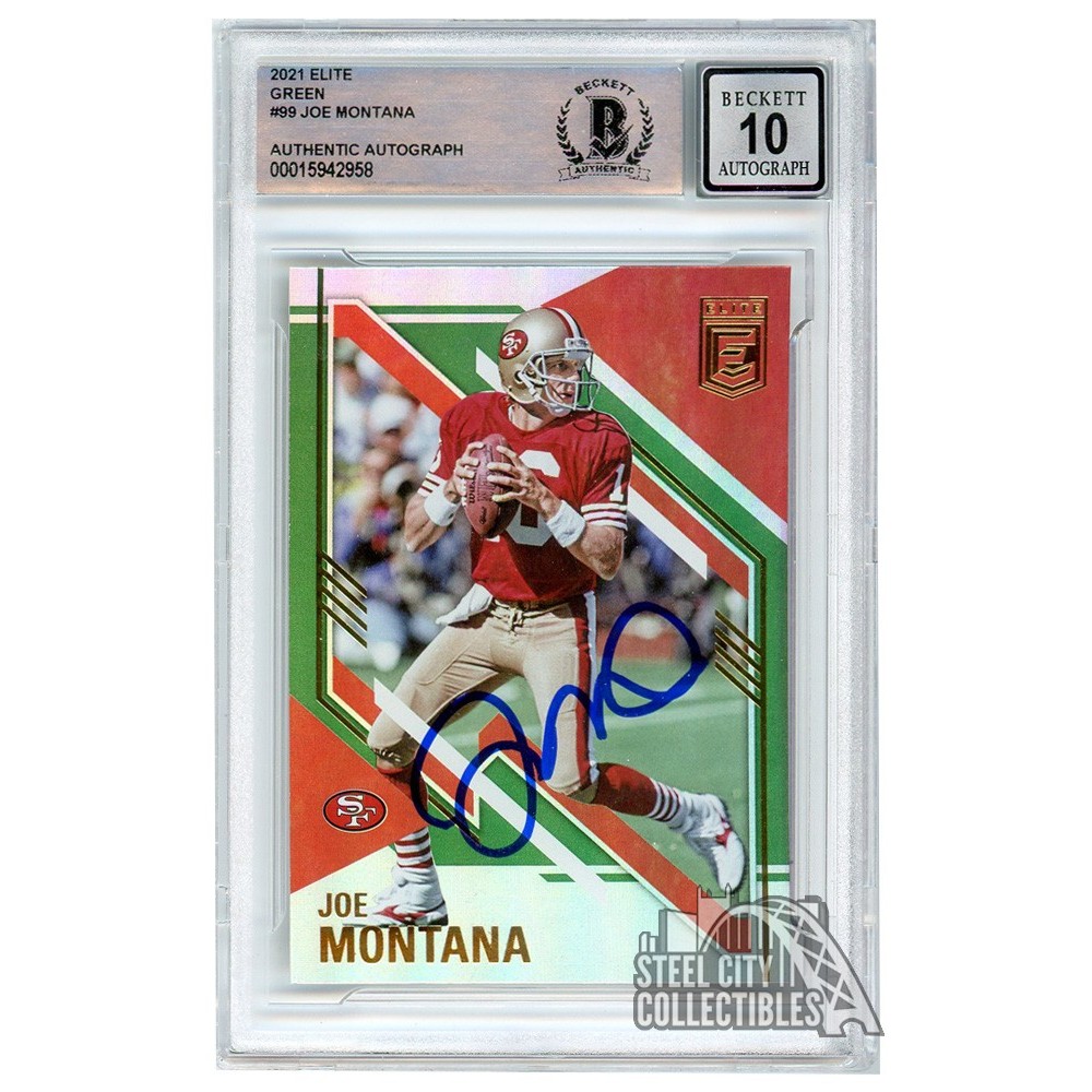 Joe Montana 2021 Panini Donruss Elite Green Autograph Card #99 BAS 10