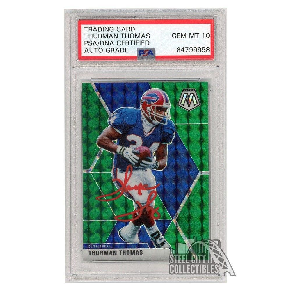 Thurman Thomas 2020 Panini Mosaic Green Autograph Card #32 PSA/DNA 10 (Red)