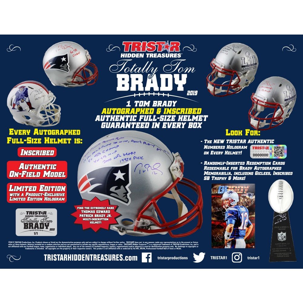 2019 Tristar Totally Tom Brady Autographed Inscribed Authentic Full-Size  Helmet Box