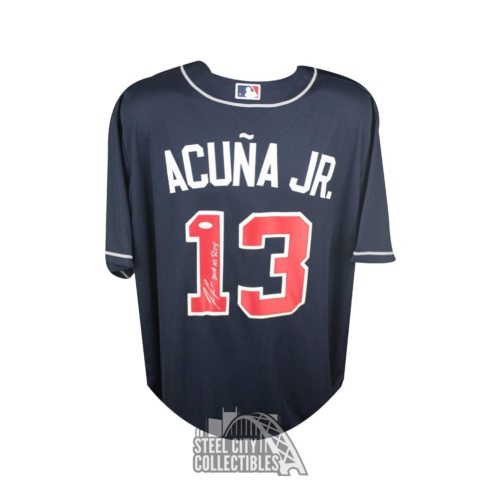 Ronald Acuna Jr 2018 NL ROY Autographed Braves Majestic Baseball Jersey JSA  COA