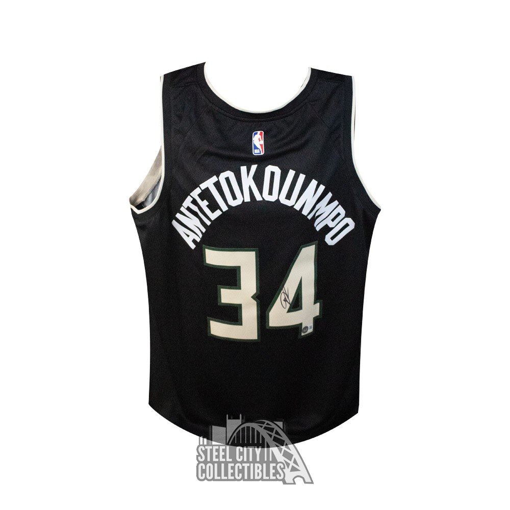 Press Pass Collectibles Giannis Antetokounmpo Authentic Signed Black Pro Style Jersey w/Black #s BAS Wit