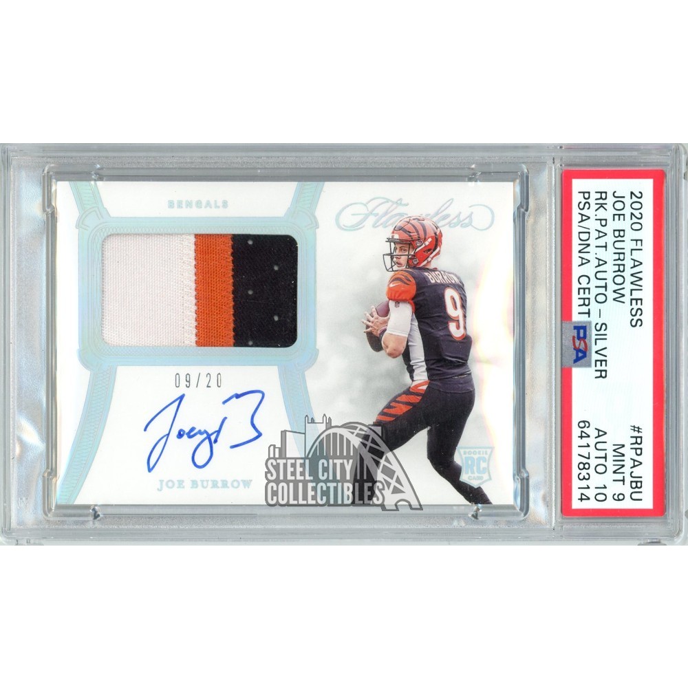 2020 Panini Flawless JOE BURROW Jersey #9/10 Sapphire Rookie Patch Auto PSA  9/10