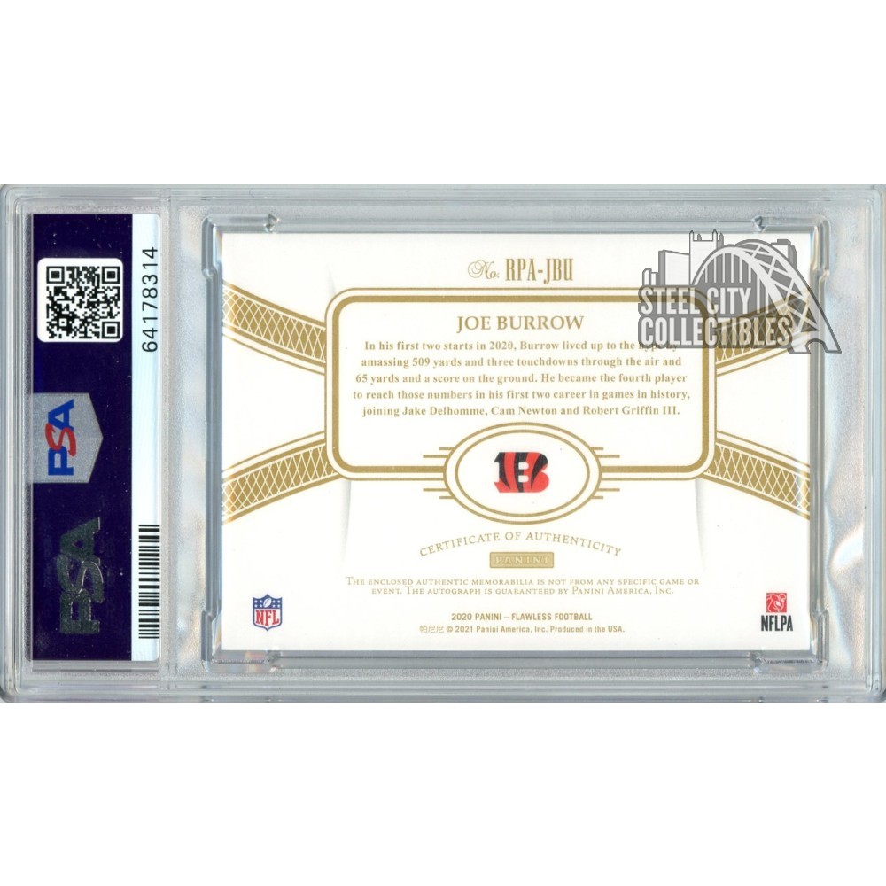 2020 Panini Flawless JOE BURROW Jersey #9/10 Sapphire Rookie Patch Auto PSA  9/10