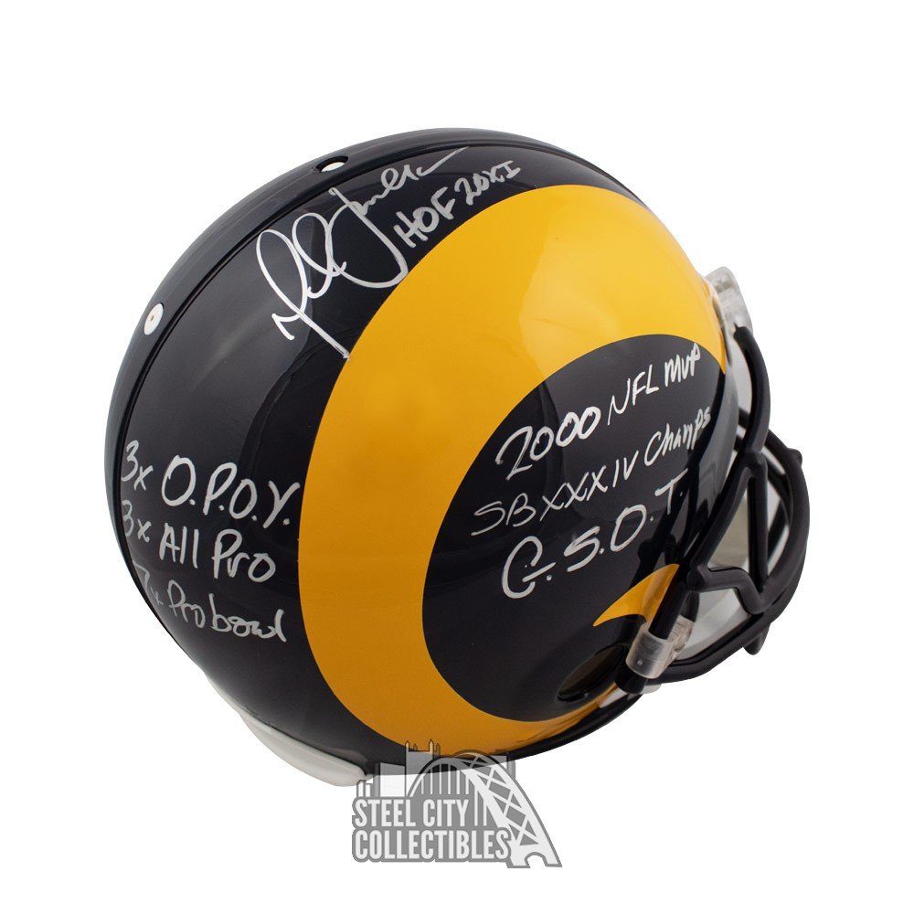 Marshall Faulk 7 Inscrip Autographed Rams Proline Full-Size Football Helmet  - BAS COA