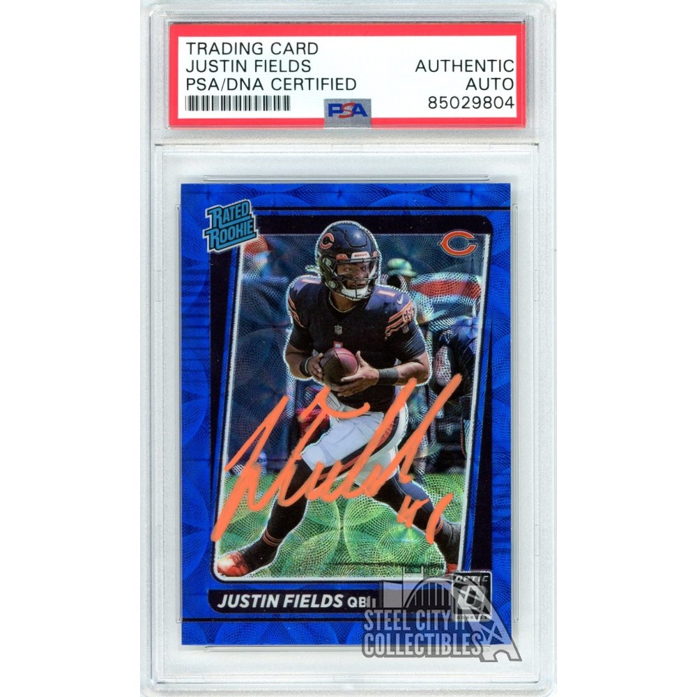 Justin Fields 2021 Panini Optic Blue Scope Autograph Rookie Card #204  PSA/DNA (Orange)