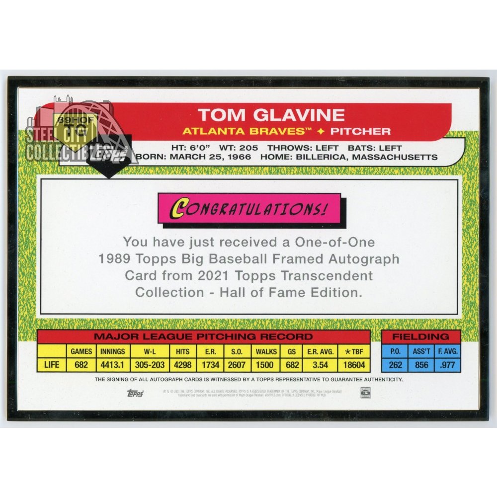 Tom Glavine 2021 Topps Transcendent HOF Baseball Oversized 1989 Autograph  1/1