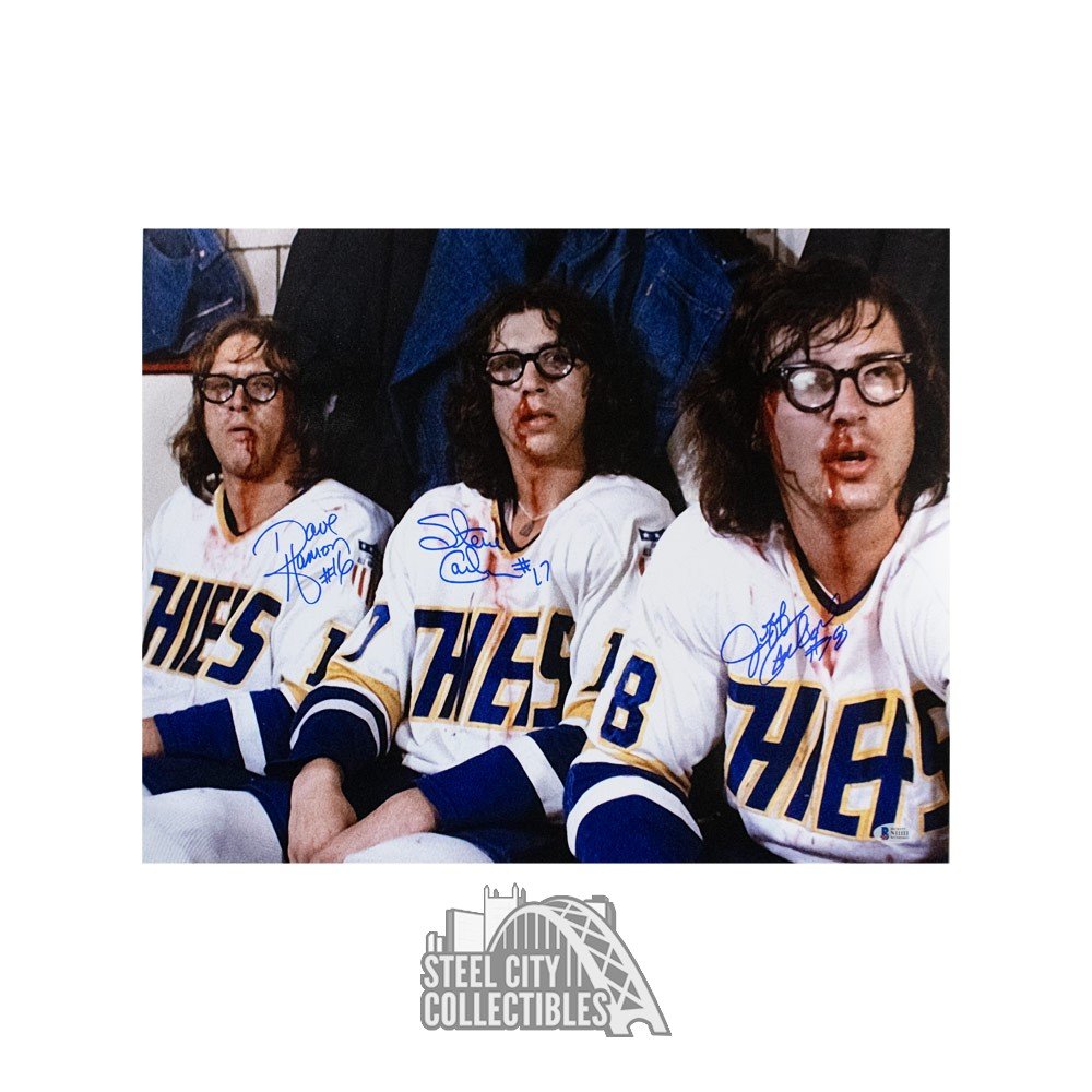 Dave Hanson, Steve Carlson & Jeff Carlson Signed Hanson Brothers Slap Shot  Chiefs Jersey Inscribed Puttin' On The Foil (JSA COA)