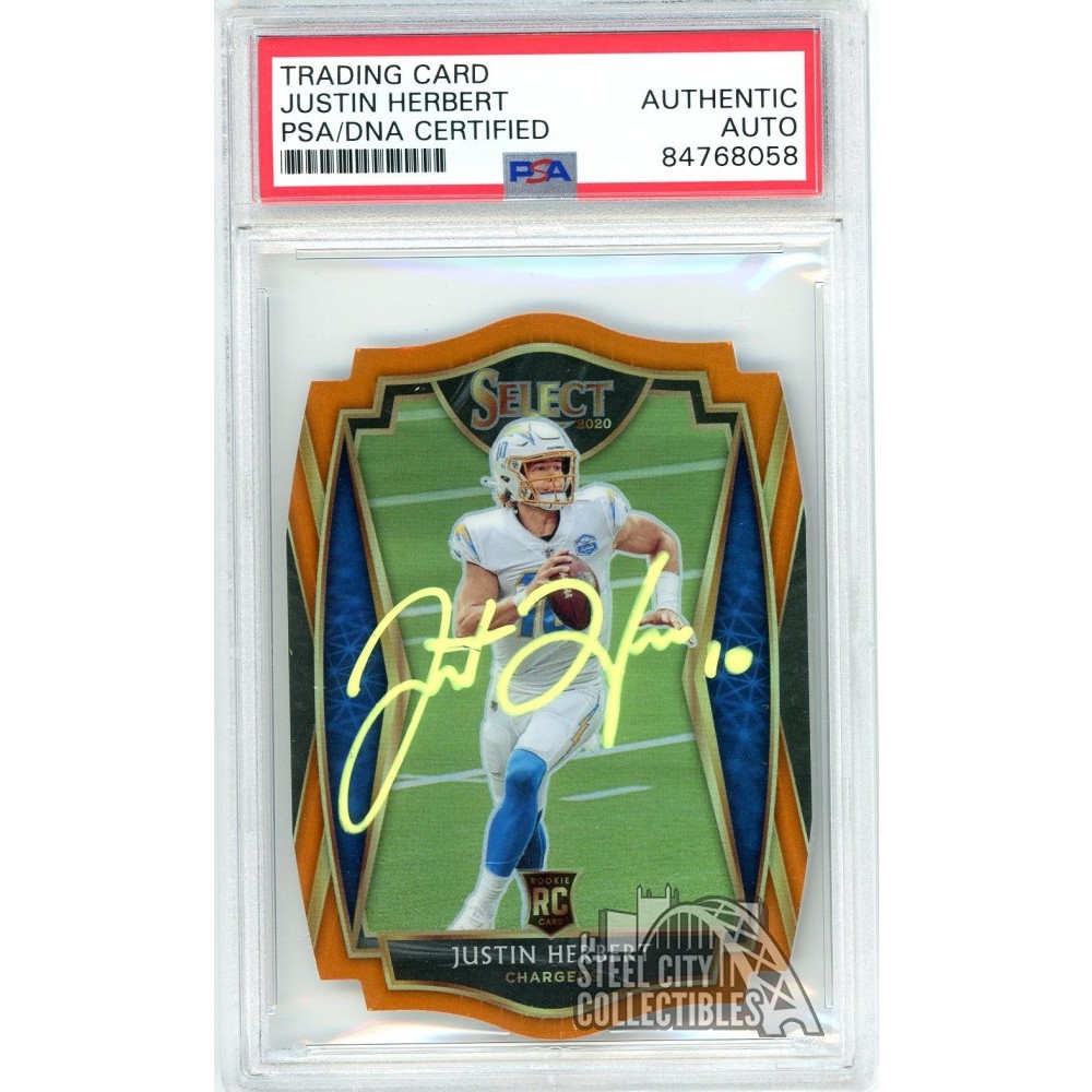 Justin Herbert 2020 Select Premier Level Orange Die Cut Autograph Rookie  Card #144 PSA/DNA (Yellow)