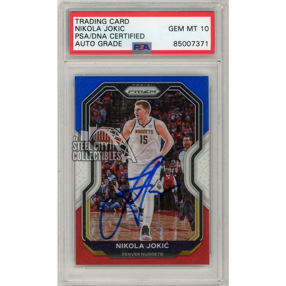 Nikola Jokic 2020-21 Panini Prizm Red White Blue Autograph Card #114  PSA/DNA 10