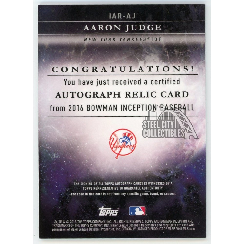 Aaron Judge 2016 Bowman Inception Baseball Autograph Rookie Jersey Card  23/50