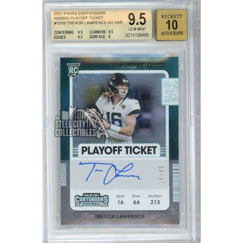 Trevor Lawrence 2021 Panini Contenders Autograph Rookie Playoff Ticket  Variation 16/49 Jersey # BGS 9.5