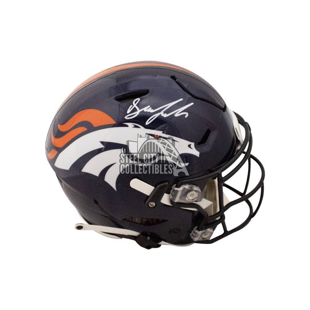 John Elway Autographed Denver Broncos Flash Orange Full Size Speed  Authentic Helmet Beckett BAS Witness Stock #220360