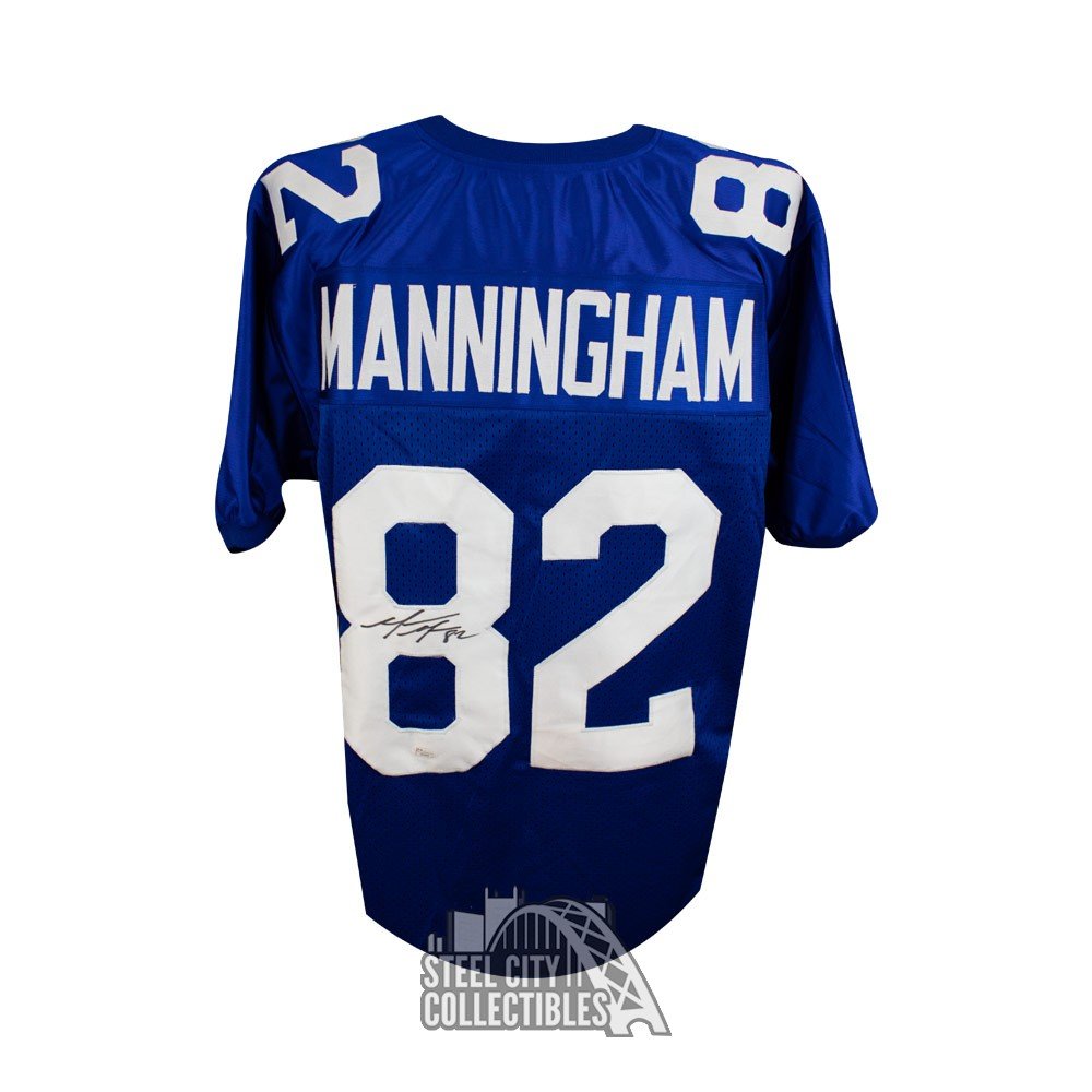 Autographed/Signed Mario Manningham New York Blue Football Jersey JSA COA  at 's Sports Collectibles Store