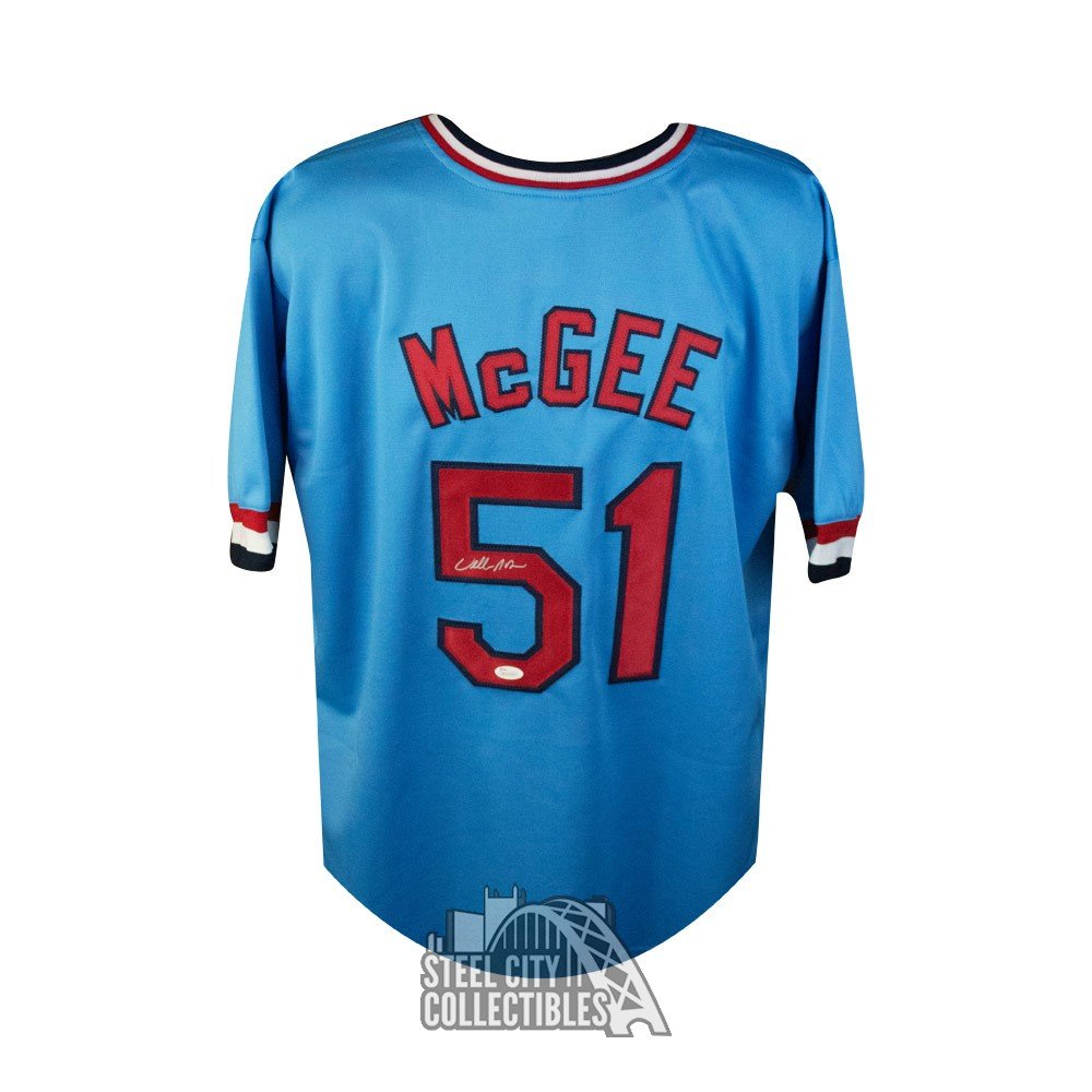 Autographed/Signed Willie McGee St. Louis Blue Baseball Jersey JSA COA