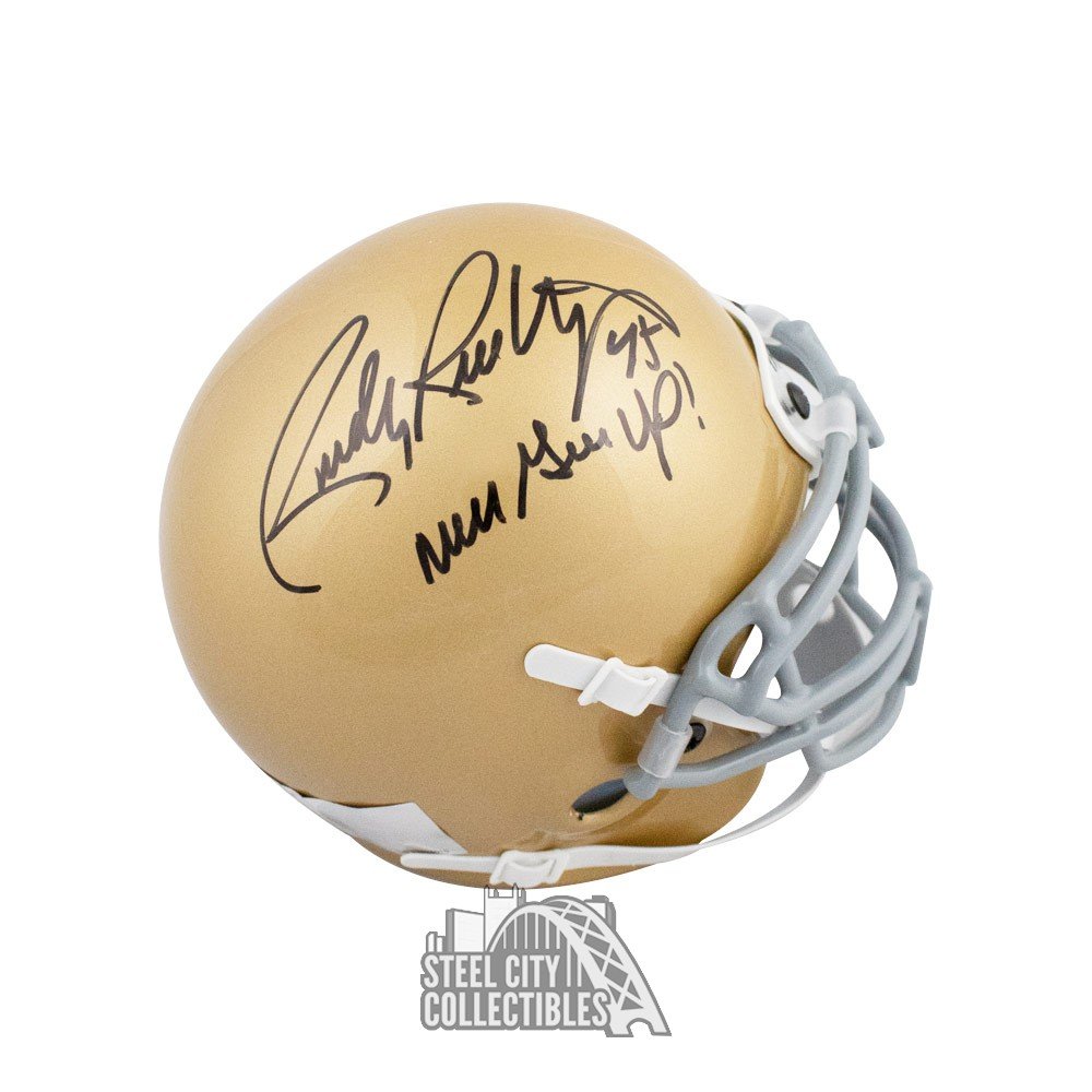 Rudy Ruettiger Never Give Up Autographed Notre Dame Mini Football Helmet  /500 BAS