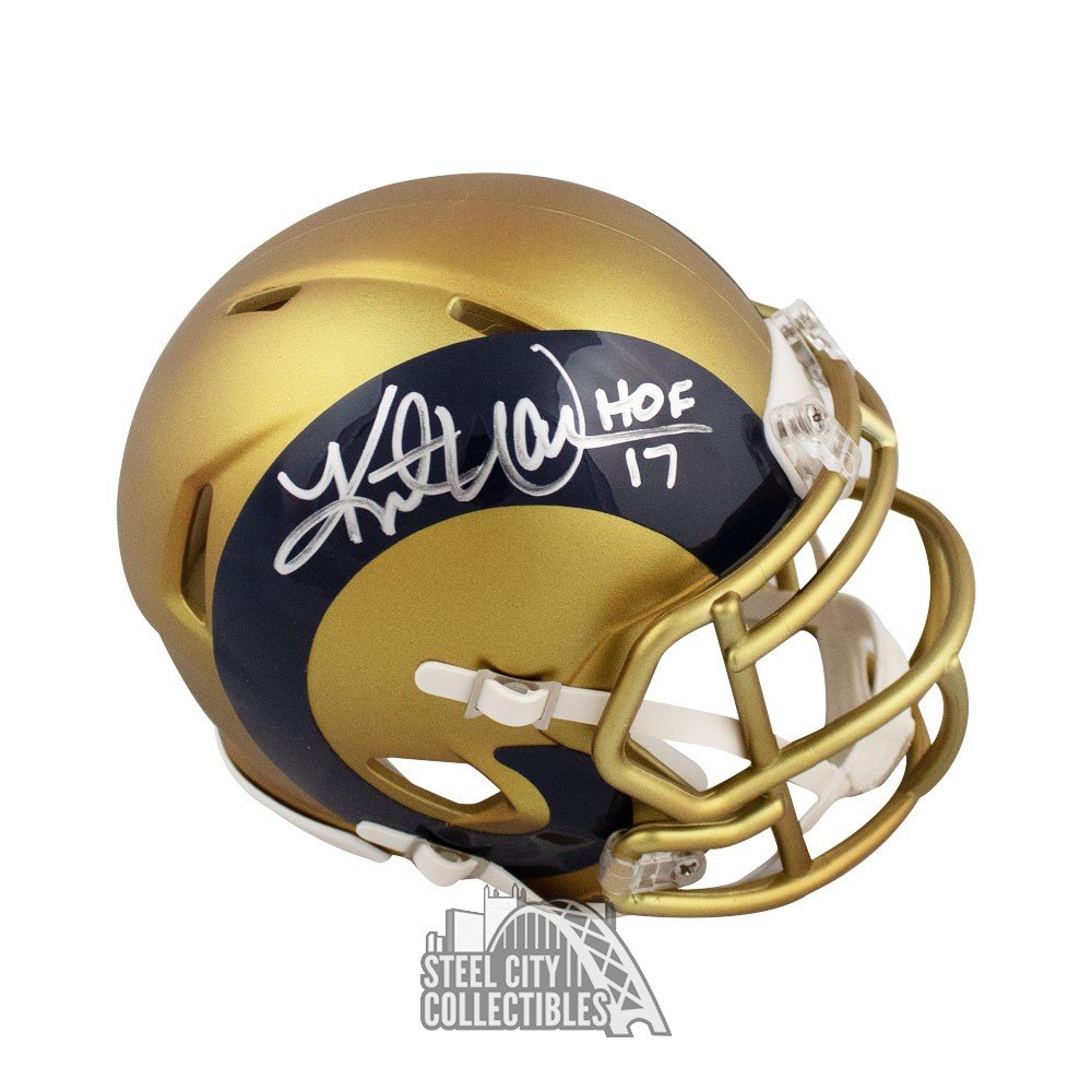 Kurt Warner HOF 17 Autographed St Louis Rams Blaze Mini Football Helmet BAS  COA
