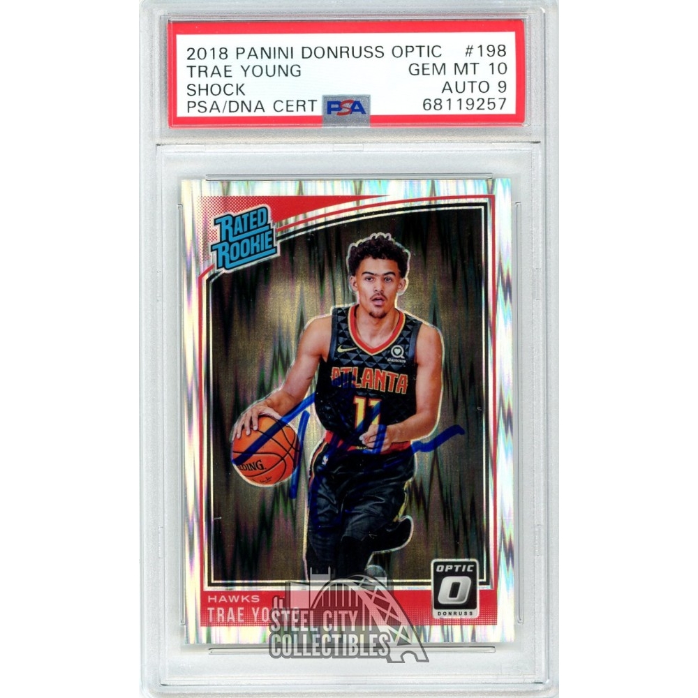 Trae Young 2018-19 Donruss Optic Shock Autograph Rookie Card #198 PSA 10  PSA/DNA 9