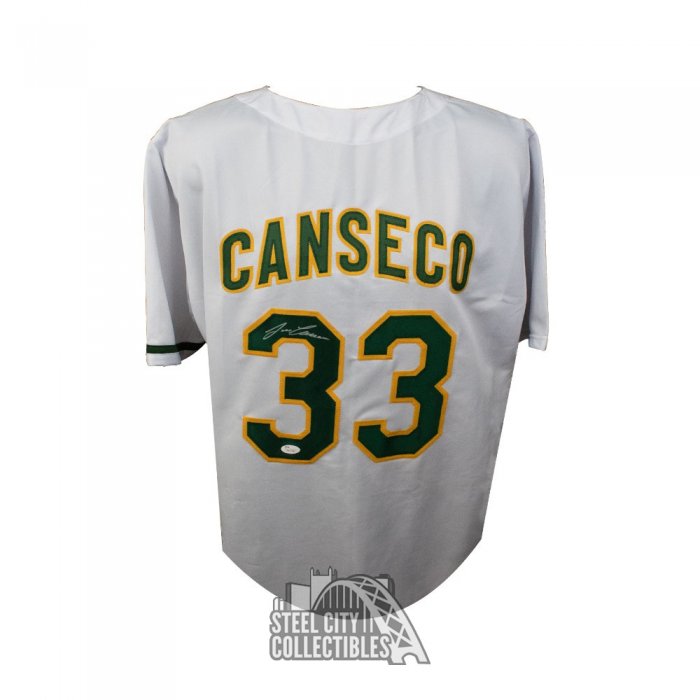 Autographed/Signed Jose Canseco Oakland Grey Baseball Jersey JSA COA