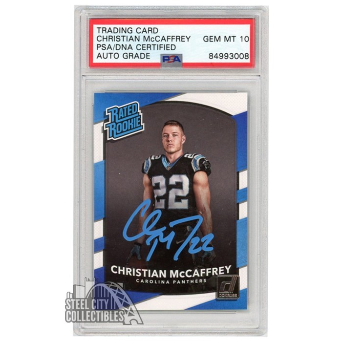 Christian McCaffrey 2017 Panini Donruss Rookie Threads Red Jersey Autograph  Card #5 PSA/DNA (Light Blue)