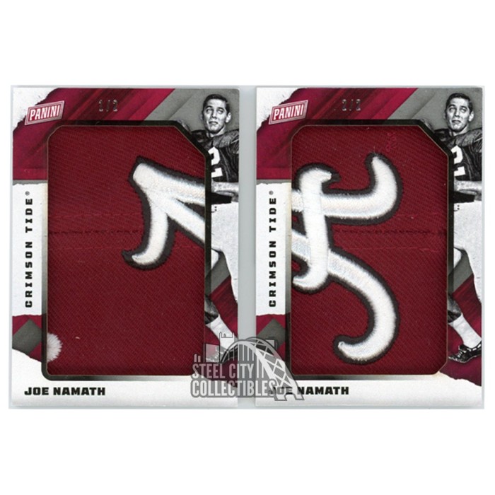 Joe Namath 2022 Panini Alabama Logo Patch 2 Card Set JN 1 2 And 2 2   Namath1front30911 