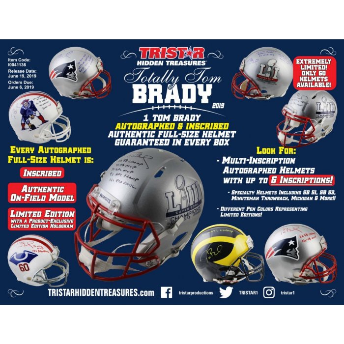 HIT OF THE YEAR! BOOM! 6 Inscriptions! 2019 Tristar Totally Tom Brady  Autographed Helmet #1 