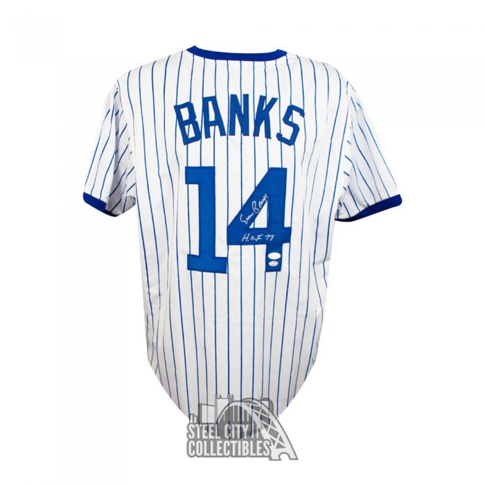 Ernie Banks Autographed Chicago Custom White Baseball Jersey Let's Play Two  Inscription - JSA COA