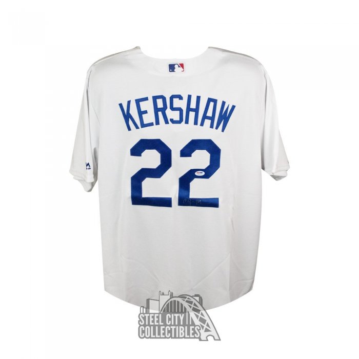 Lot - Clayton Kershaw Autographed & Framed Jersey, Multiple Inscriptions.  PSA/DNA & MLB Authenticated