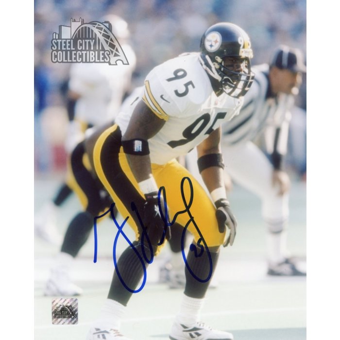 Greg Lloyd Signed Steelers Black 75th Ann Jersey Action 8x10 Photo