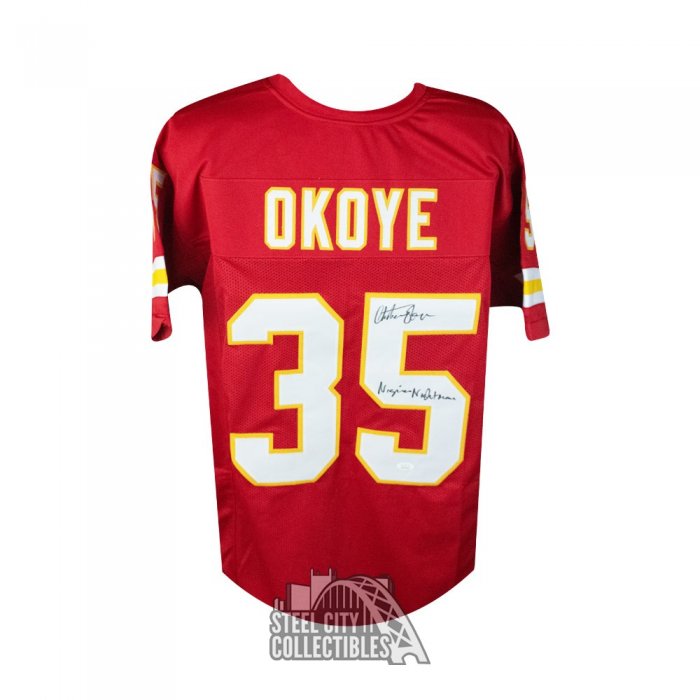 Christian Okoye Kansas City Chiefs Autographed Red Jersey COA JSA Witness