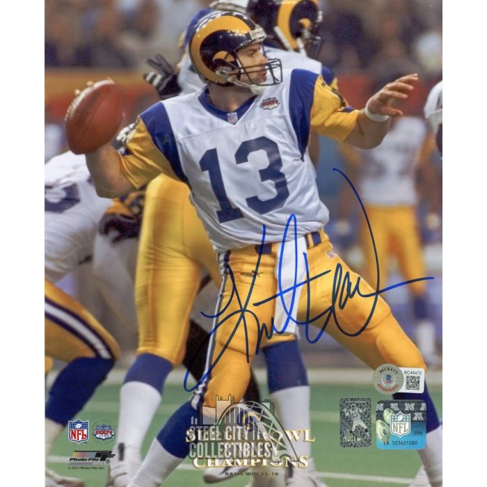 Kurt Warner HOF 17 Autographed Los Angeles Rams Football - BAS COA