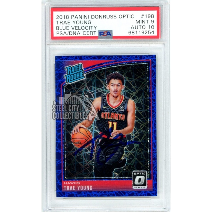Trae Young 2018-19 Donruss Optic Blue Velocity Autograph Rookie